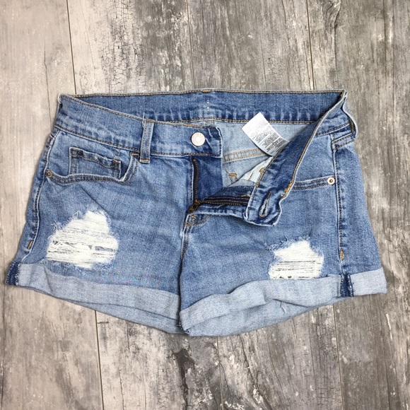 Distressed Denim Cuffed Cutoff Rolled Hem Jean Shorts SZ 0 - Picture 3 of 8